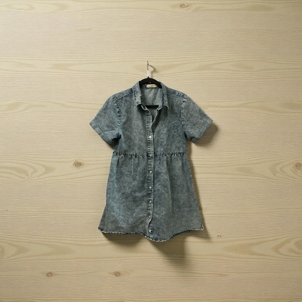 Luvamia Denim Babydoll Dress Acid Wash Button Front Short Sleeve